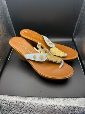 A. Giannetti Light Blue & Tan Wedge Thong Sandals